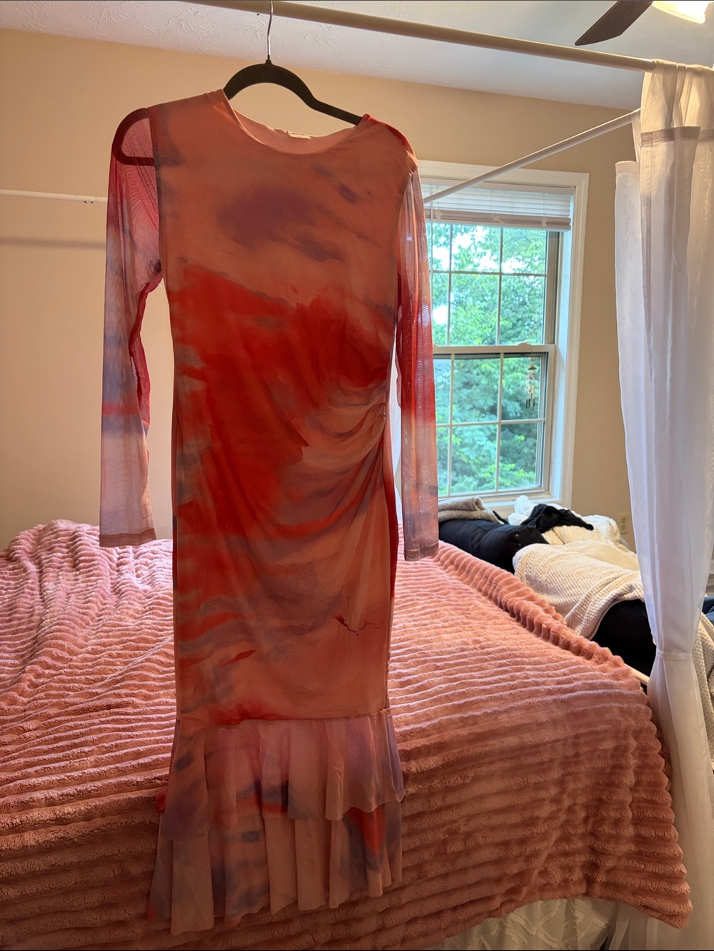 Amazon Pink and Blue Tie-Dye Long-Sleeve Midi Dress